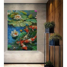 Petmudo AVM Canlı Koi Balıkları ve Nilüfer Çiçekleri Yağlı Boya Görünümlü Ahşap Dekoratif Ev,antre,salon Tablo