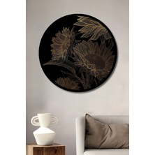 Petmudo AVM Altın Yaprak Ayçiçekleri Yağlı Boya Görünümlü Ahşap Tablo Yuvarlak Duvar Tablosu Çerçeve Görünümlü