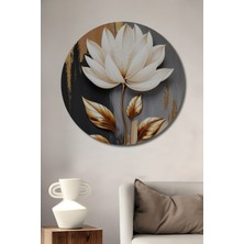 Petmudo AVM Altın Yapraklı Beyaz Lotus Çiçeği Yağlı Boya Görünüm Modern Sanat Ahşap Tablo Yuvarlak Duvar Tablosu