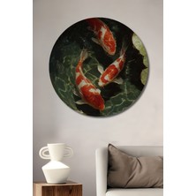 Petmudo AVM Asya Esintili Canlı Koi Balıkları Sulu Boya Görünümlü Dekoratif Ahşap Tablo Yuvarlak Duvar Tablosu