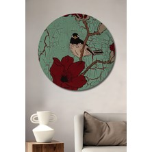 Petmudo AVM Kırmızı Çiçekli Kuş Temalı Yağlı Boya Görünümlü Dekoratif Ahşap Tablo Yuvarlak Duvar Tablosu