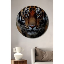 Petmudo AVM Aslan Gözlü Kaplan Ormanların Kralı Yağlı Boya Görünümlü Ahşap Tablo Yuvarlak Duvar Tablosu