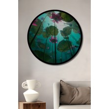 Petmudo AVM Su Altı Lotus Bahçesi Yağlı Boya Görünümlü Ahşap Tablo Yuvarlak Duvar Tablosu Çerçeve Görünümlü