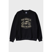 Nuugg Two Wheels Move The Soul Motosiklet Tasarımlı Siyah Bisiklet Yaka Sweatshirt
