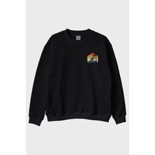 Nuugg Retro Palmiye ve Sörf Baskılı Siyah Bisiklet Yaka Sweatshirt