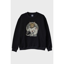 Nuugg Astronot Kedi Siyah Bisiklet Yaka Sweatshirt