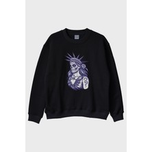 Nuugg Özgürlük Heykeli Stilinde Illüstrasyonlu Baskılı Siyah Bisiklet Yaka Sweatshirt