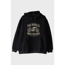 Nuugg Two Wheels Move The Soul Motosiklet Tasarımlı Siyah Hoodie