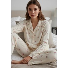 EQru Çiçek Desenli Waffle Kumaş Gömlek Yaka Krem Kadın Pijama Takımı