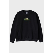 Nuugg Minimalist Doğa Manzaralı Baskılı Tasarım Siyah Bisiklet Yaka Sweatshirt