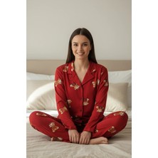 EQru Ayıcık Desenli Milan Kumaş Gömlek Yaka Kırmızı Kadın Pijama Takımı