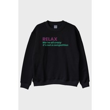Nuugg Relax Mesajlı Minimal Baskılı Siyah Bisiklet Yaka Sweatshirt