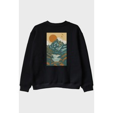 Nuugg Doğa Manzaralı Turuncu Güneşli Baskılı Siyah Bisiklet Yaka Sweatshirt