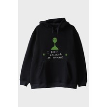 Nuugg I Don’t Believe In Humans Uzaylı Baskılı %100 Pamuk Siyah Hoodie