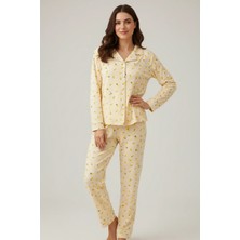 EQru Limon Desenli Milan Kumaş Gömlek Yaka Açık Sarı Kadın Pijama Takımı