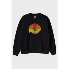 Nuugg Retro Güneş Batışı Tasarımlı Disk Golf Sepetli Siyah Bisiklet Yaka Sweatshirt