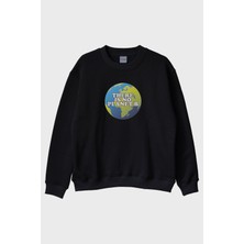 Nuugg There Is No Planet B Dünya Resimli Baskılı Siyah Bisiklet Yaka Sweatshirt