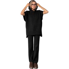 Kechı Woman Kapşonlu Yarım Kol Siyah Triko Takım