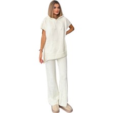 Kechı Woman Kapşonlu Yarım Kol Beyaz Triko Takım