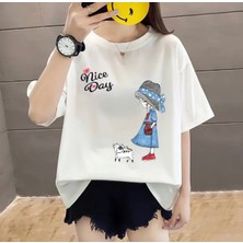 Amor Face Büyük Beden Özel Tasarım Nice Day Baskılı %100 Pamuk Oversize Modern Kadın T-Shırt