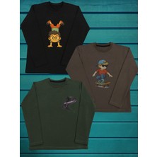 Pidal Giyim Avantajlı Paket Sportif Baskılı Pamuklu Uzun Kollu Erkek Çocuk Üçlü Sweatshirt