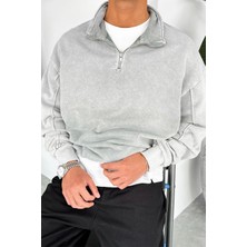 Açık Gri Acid Wash Yarım Fermuar Oversize Sweatshirt