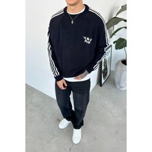 Lacivert Şerit Detay Baskılı Oversize Sweat