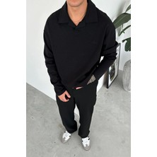 Siyah Local Nakış Oversize Polo Yaka Sweatshirt