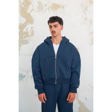 Lacivert Cozy Basic Tam Fermuar Oversize Sweatshirt
