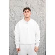 Beyaz Cozy Basic Yarım Fermuar Oversize Sweatshirt