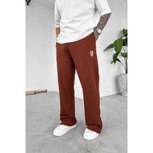 Kahverengi Paçası Fermuarlı Nakış Detay Baggy Eşofman