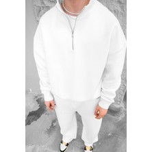Beyaz Cozy Basic Yarım Fermuar Oversize Sweatshirt