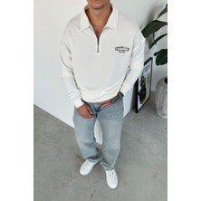 Beyaz Ow Nakış Yarım Fermuarlı Sweatshirt