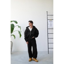 Siyah Cozy Basic Tam Fermuar Oversize Sweatshirt