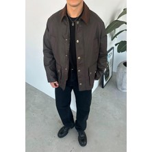 Kahverengi Waxed Çıt Çıt Cep Detay Oversize Ceket