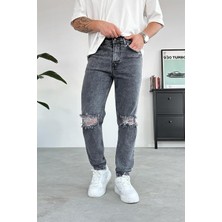 Koyu Gri Dizi Yırtık Regular Pantolon