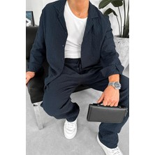 Lacivert Waffle Dokulu Premium Oversize Gömlek