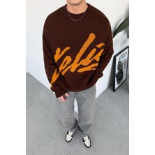 Kahverengi Premium Işleme Baskı Oversize Kazak