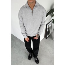 Gri Yarım Fermuarlı Boğazlı Triko Kazak