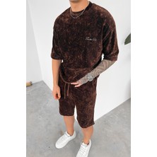 Kahverengi Ince Fitilli Batik Nakış Detay Oversize Tişört