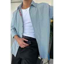 Yeşil Ince Çizgili Yaka Nakış Detay Oversize Gömlek