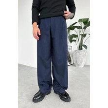 Lacivert Parfe Çizgili Beli Lastikli Premium Kumaş Pantolon