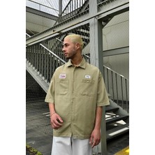 Haki Ray Nakış Detay Çift Cepli Bs Oversize Gömlek