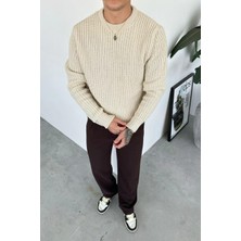 Krem Bisiklet Yaka Oversize Örgü Kazak