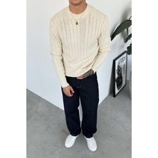 Krem Örgü Desen Relaxed Triko Kazak