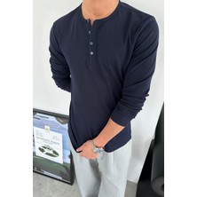 Lacivert Basic Fitilli Düğmeli Yaka Relax Fit Uzun Kollu Tişört