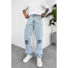 Buz Mavi Dizi Yırtık Baggy Pantolon