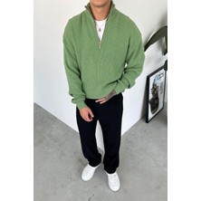 Yeşil Yarım Fermuarlı Boğazlı Triko Kazak