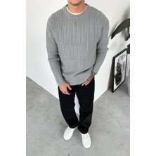 Gri Örme Desen Relaxed Triko Kazak