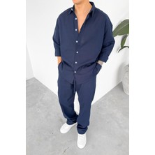 Lacivert Premium Keten Basic Oversize Gömlek